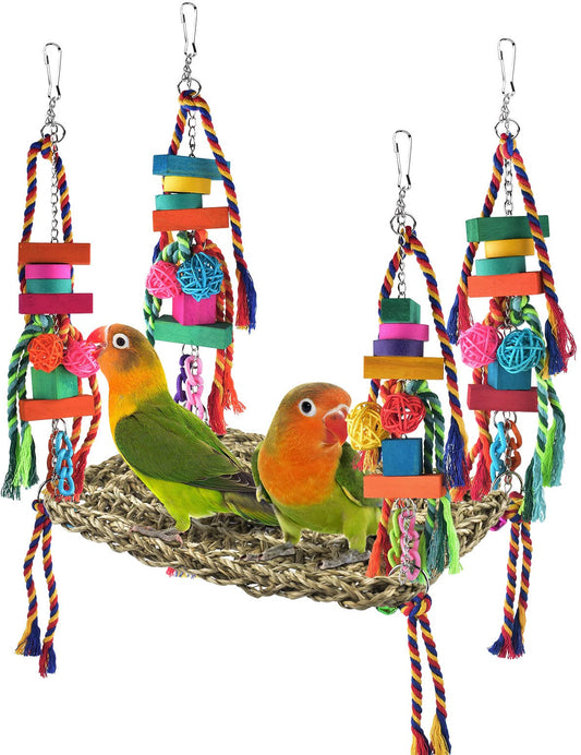 KATUMO Bird Toys, Bird Foraging Wall Toy Large Size Seagrass Woven Climbing Hammock Swing Mat with Colorful Chewing Toys for Lovebird, Parakeet, Budgie, Conure, Cockatiel, Small Birds