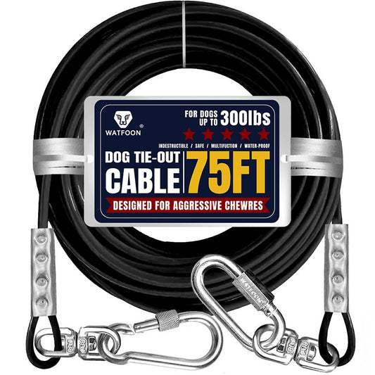 75Ft Dog Tie Out Cable, Dog Leads for Small to Large Pets Up to 300 Pounds, 5mm Heavy Duty 1000lbs Break Strength Galvanized Braided Steel Pet