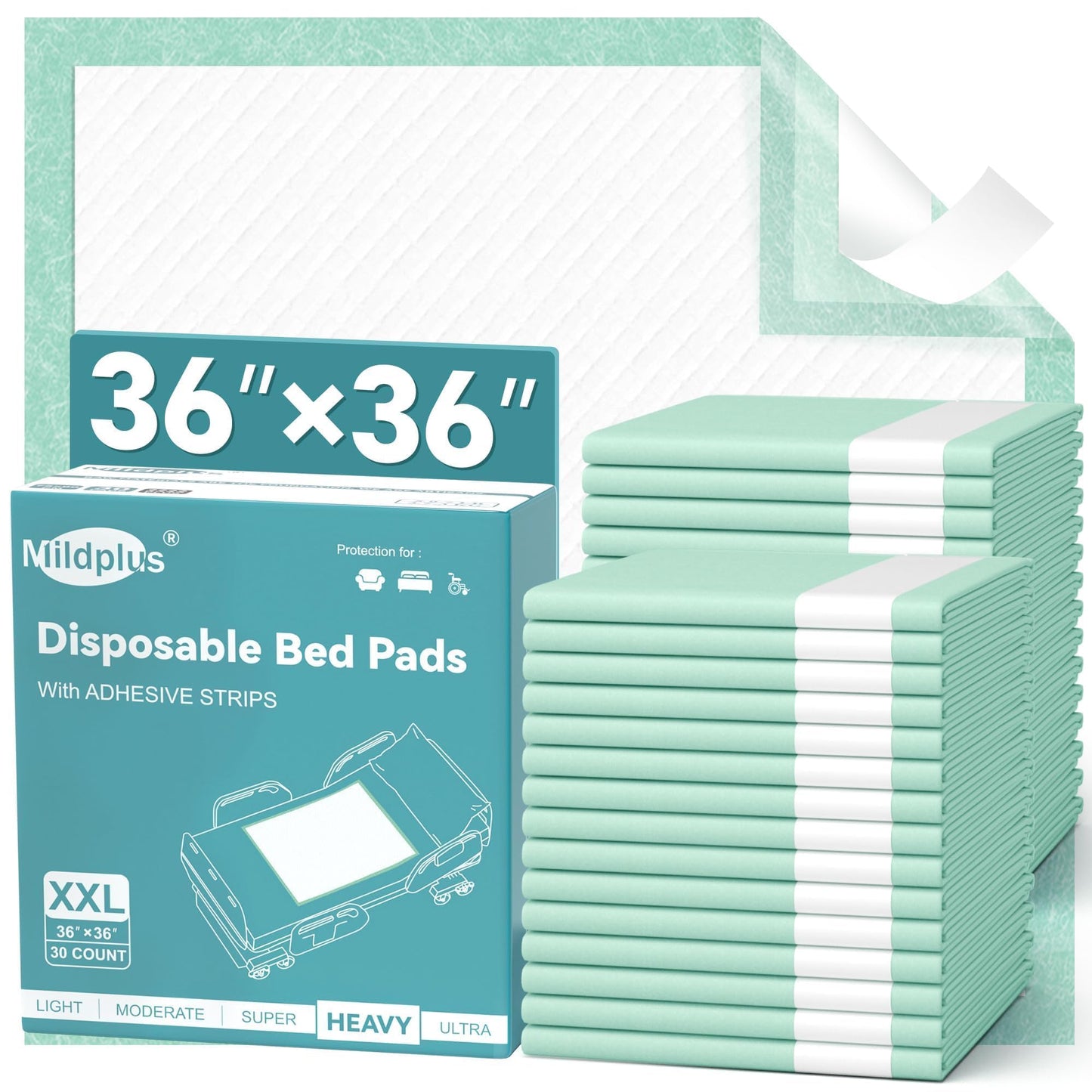 Bed Pads with Adhesive Strips 36''X36'', 30 Count Chucks Disposable Underpads Extra Large Thicker Incontinence Pads for Unisex Adult, Senior, Kids and Pet