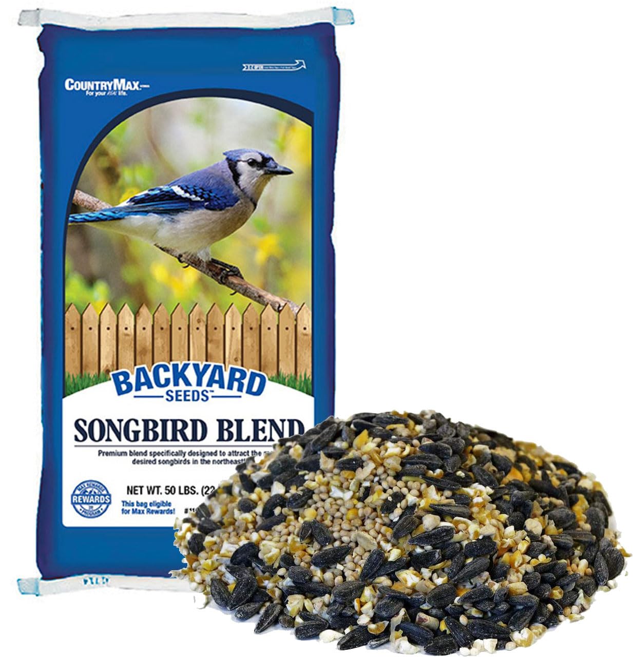 CountryMax Backyard Seeds Songbird Blend Wild Bird Seed – 50 lb Bag – Premium Mix with Sunflower Seeds, Safflower, Peanuts, Millet – Attracts Cardinals, Finches, Chickadees, and More