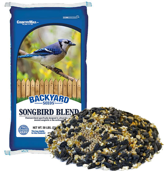 CountryMax Backyard Seeds Songbird Blend Wild Bird Seed – 50 lb Bag – Premium Mix with Sunflower Seeds, Safflower, Peanuts, Millet – Attracts Cardinals, Finches, Chickadees, and More
