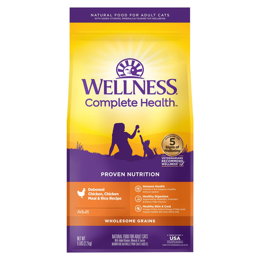 Wellness Complete Health Adult Dry Cat Food for Indoor and Outdoor Cats, Wholesome Grains, Natural, Chicken & Chicken Meal (5 Pound Bag)