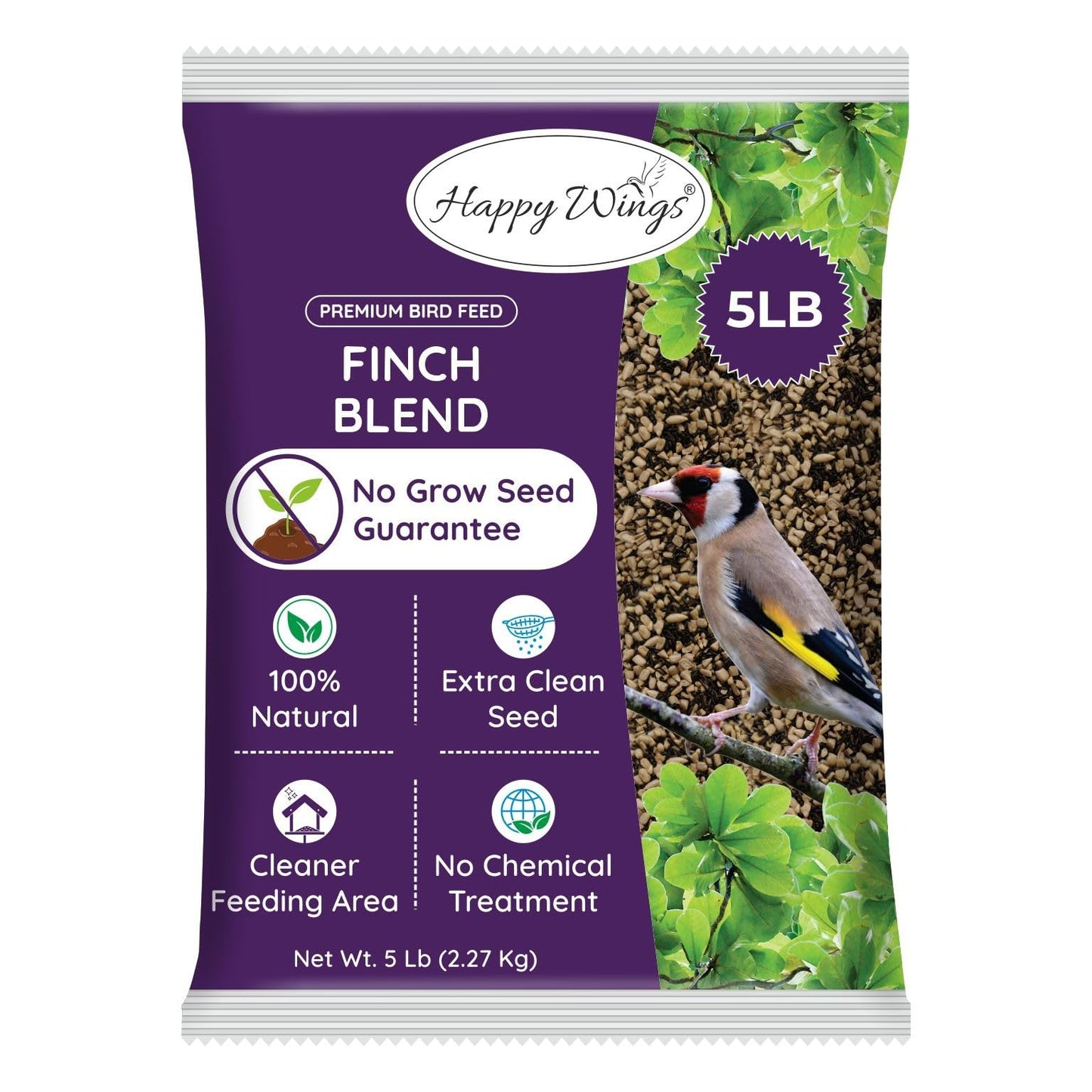 Happy Wings Finch Blend Bird Food - Mix of Sunflower Hearts/Kernels and Nyjer, 5 Pounds - No Grow Seed - For Wild Birds