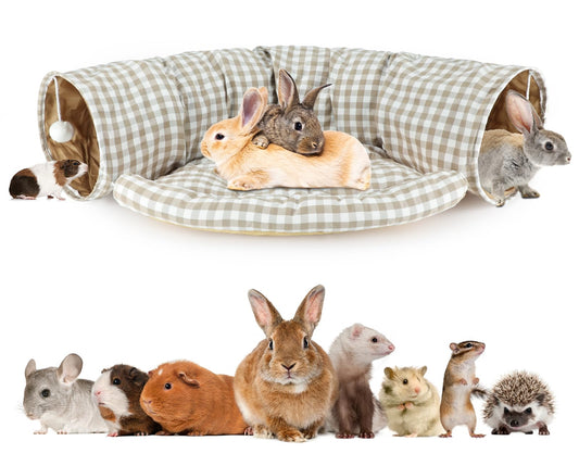 BWOGUE Bunny Tunnel Bed, 2-in-1 Collapsible Tunnel Tubes Toys with Removable Mat Hideout for Cats Kittens Rabbits Guinea Pigs Kitty