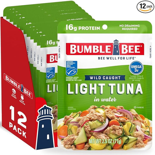 Bumble Bee Chunk Light Tuna in Water, 2.5 oz Pouches (Pack of 12) - Ready to Eat Wild Caught Skipjack Tuna Packet - 16g Protein per Serving - MSC Sustainable Seafood, Non-GMO, Gluten Free, Kosher