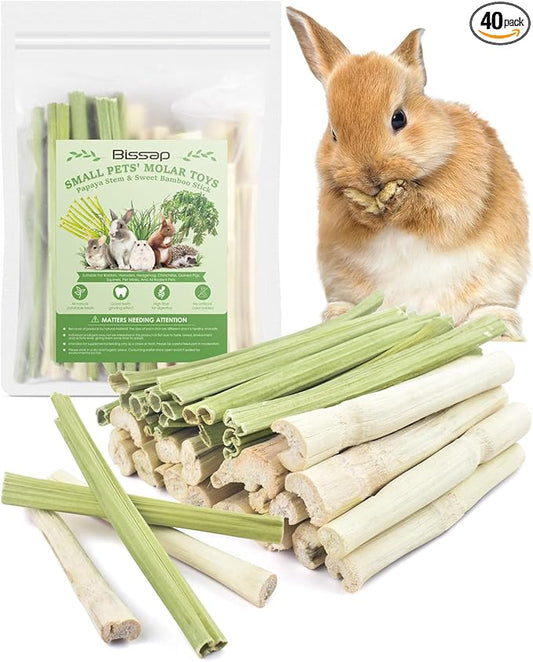 Bissap 40PCS Rabbit Chew Sticks, 20PCS Sweet Bamboo Chew Sticks & 20PCS Papaya Stems Bunny Chews for Rabbit Hamster Chinchilla Guinea Pig Small Animals Natural Molar Treats