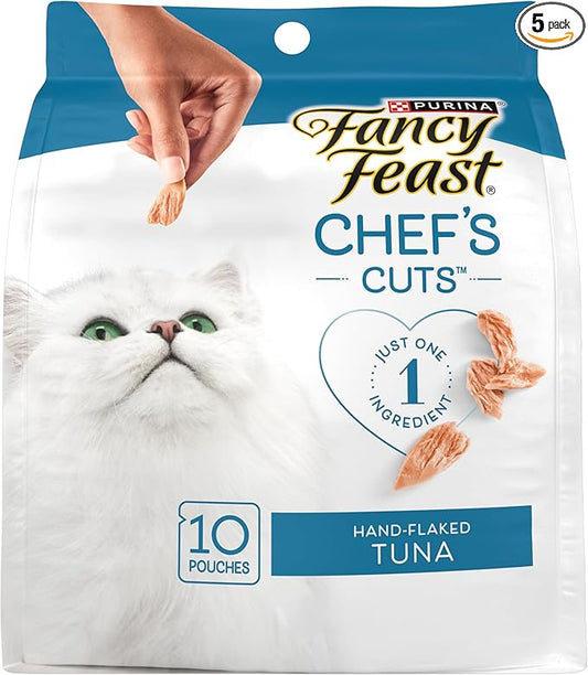 Purina Fancy Feast Purely Hand-Flaked Tuna Cat Treats, Steam-Baked Real Tuna, Pack of 5, 10 Count Pouches