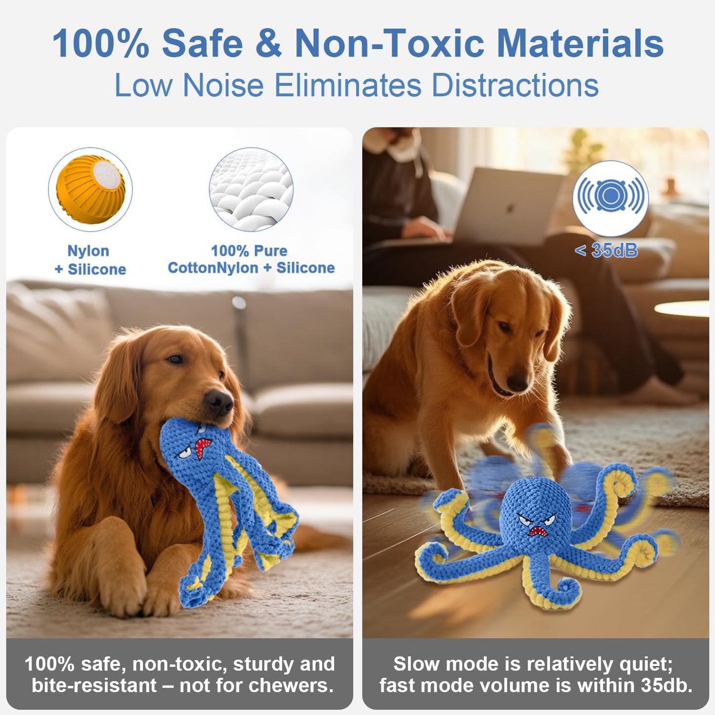Interactive Dog Toys Octopus,Durable Automatic Jumping Dog Toy to Keep Them Busy,Squeaky Moving Tug of War Doggie Toy,USB Rechargeable,Not for Aggressive Chewers (Blue)