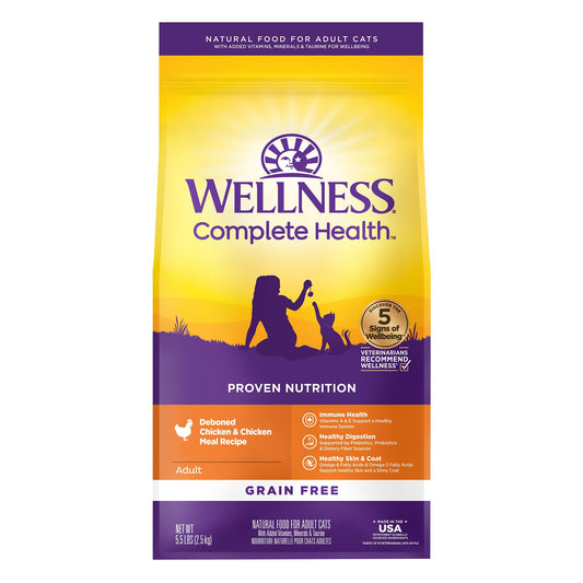 Wellness Complete Health Adult Dry Cat Food for Indoor and Outdoor Cats, Grain Free, Natural, Chicken & Chicken Meal (5.5 Pound Bag)