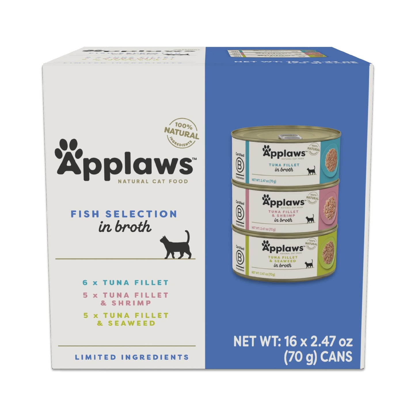 Applaws Natural Wet Canned Cat Food, Limited and Natural Ingredients, High Protein with No Artificial Additives, Fish Selection Variety Pack in Broth (16 x 2.47oz Cans)