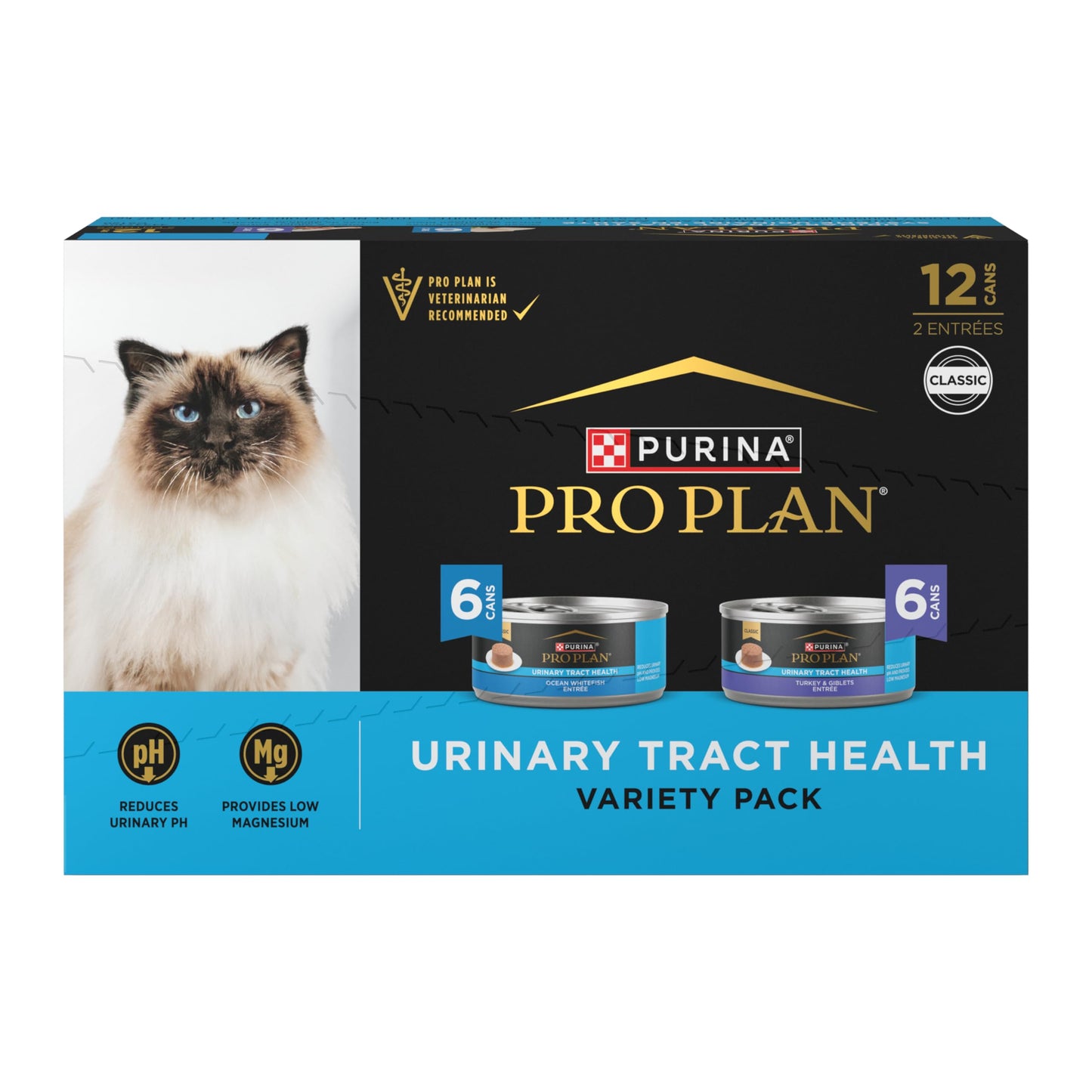 Purina Pro Plan Urinary Tract Health Pate Cat Food Variety Pack, Turkey and Giblets, and Ocean Whitefish Entrees - (Pack of 12) 5.5 oz. Cans