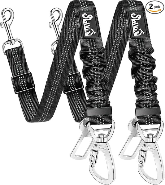 SlowTon Dog Seatbelt, 2 Pack Dog Seat Belt Car Leash Adjustable Elastic Bungee Buffer Heavy Duty Nylon Reflective Pet Safety Tether Connect to Dog