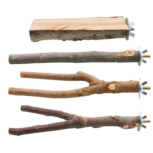 BILLIOTEAM 4 Pack Natural Wood Bird Perch Parrot Stand Branches Fork Toys,Pet Bird Cage Wooden Hanging Perch Platform Hammock Swing Toy for Small Parakeets,Budgies,Cockatiels,Conures,Finches