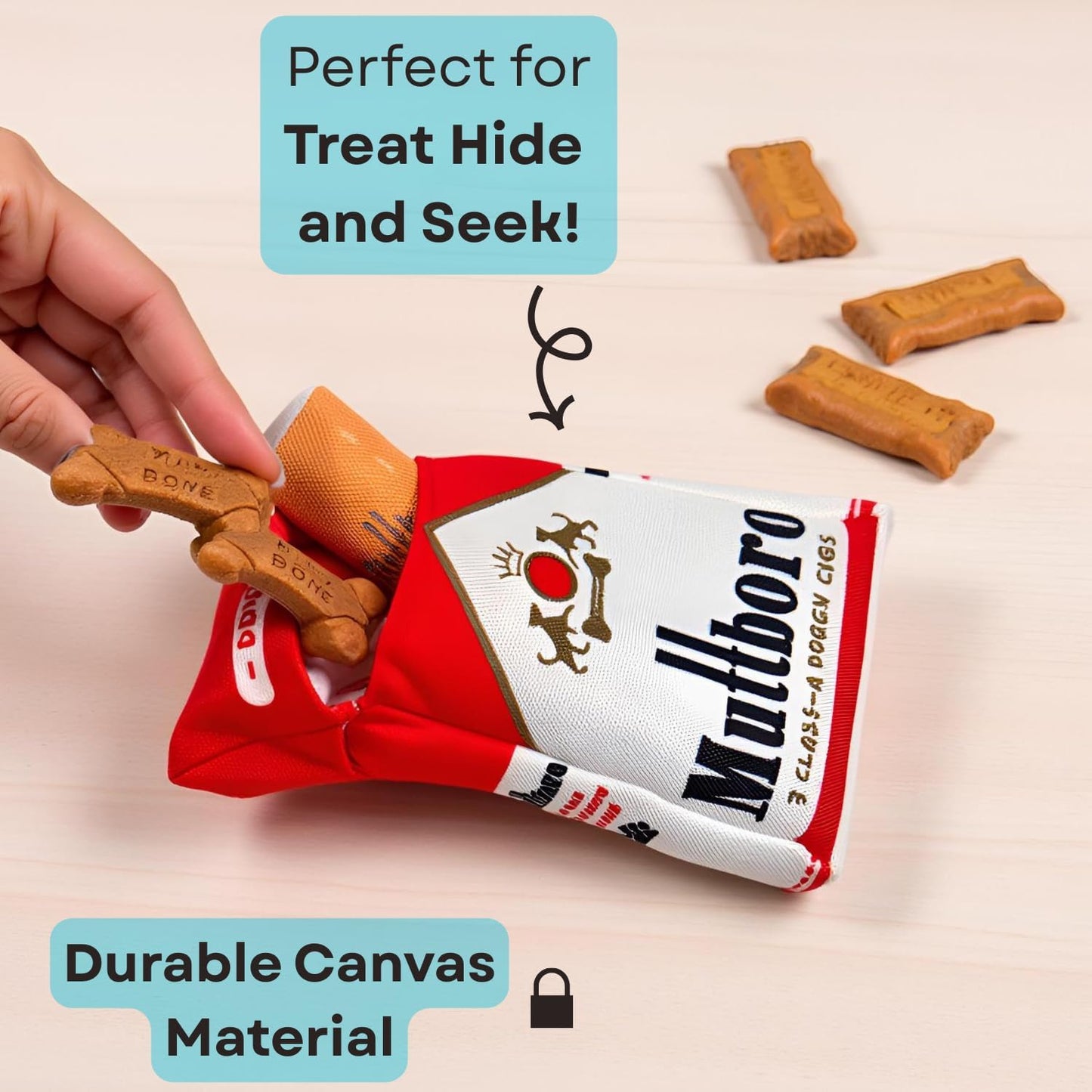 Nestpark Muttboro Doggy Cigs Funny Dog Toys - Parody Plush Squeaky Crinkle Interactive Dog Toy - Hide and Seek Treat Hiding Burrow Puzzle Toy for