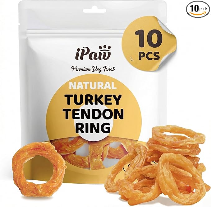 iPaw 10 Pcs Value Pack Turkey Tendons for Dogs, Single Protein, Hypoallergenic, All Natural Human Grade Puppy Chew, Rawhide Alternative Dog Treats, Ring (Small)