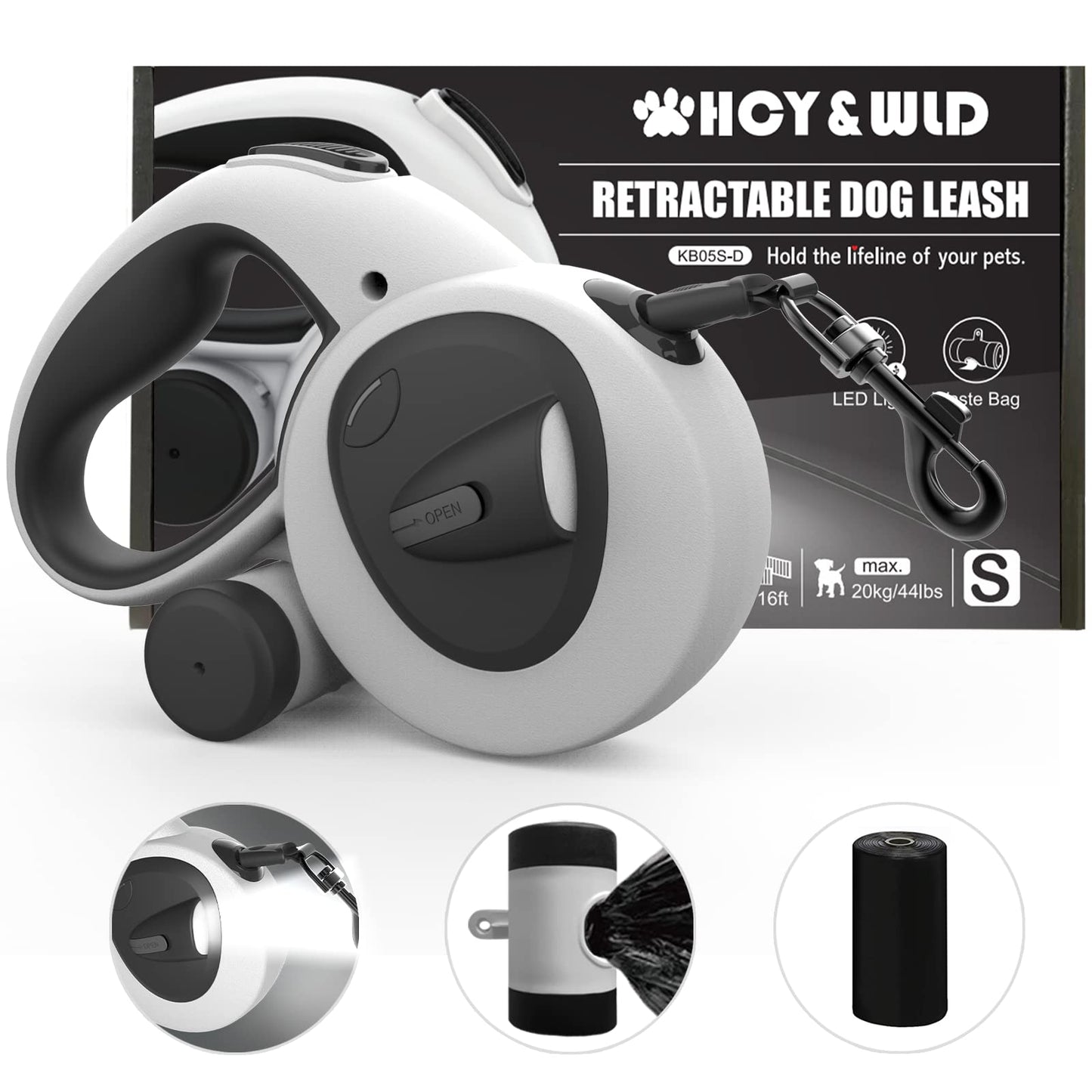 HCY&WLD Upgrade 4-in-1 Retractable Dog Leash with LED Light & Dispenser & Poop Bags, 16 ft Heavy Duty Dog Leash with Anti-Slip Handle for Dogs up to