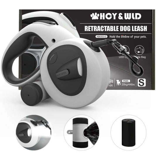 HCY&WLD Upgrade 4-in-1 Retractable Dog Leash with LED Light & Dispenser & Poop Bags, 16 ft Heavy Duty Dog Leash with Anti-Slip Handle for Dogs up to