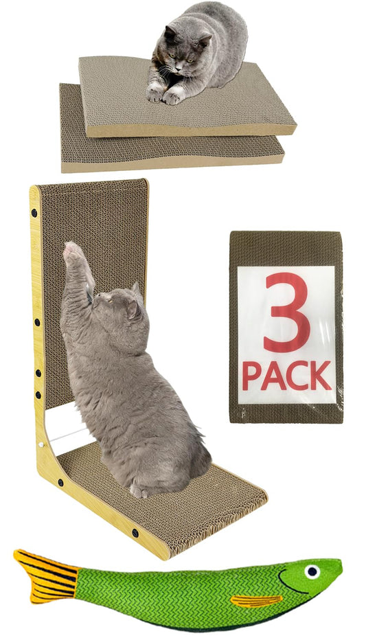 3-Pack WRBTA Cardboard cat Scratcher,L Shape Cat Scratch Pad Wall Mounted, Cat Scratching Cardboard with Ball Toy for Indoor, Cardboard Cat Scratcher with Double-Sided Usability.cat Scratching Post