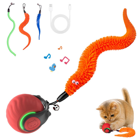 Geamen Interactive Cat Toys with Bird Sounds & 3 Speed Modes, Rechargeable Automatic Moving Cat Toy with 3 Tails, Fast Charging Smart Rolling Ball