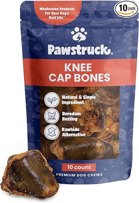 Pawstruck Natural Knee Cap Dog Bones - Treats for Aggressive Chewers, Low Fat & High Protein Chews, Beef Flavor, Long-Lasting Rawhide Alternatives