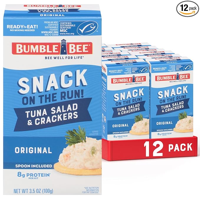 Bumble Bee Snack On The Run! Protein Pack, 8g per Box - Original Tuna Salad with Crackers Kit - Ready to Eat Easy-Open Can - Wild Caught MSC-Certified Tuna (Pack of 12)
