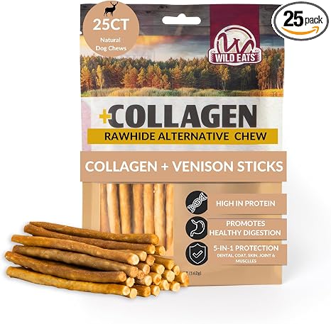 Wild Eats Venison Collagen Sticks for Dogs (25 Pack, 0.6 cm Wide) Long Lasting Dog Chews No Hide Dog Treat Bully Stick Alternative, Rawhide Free