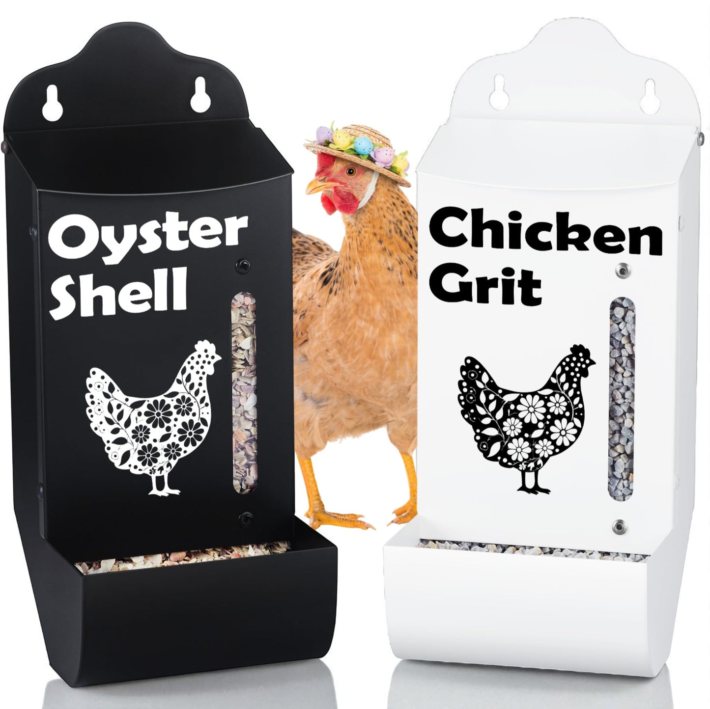 CluckRoots Chicken Grit and Oyster Shell Feeder Combo, No-Spill Weatherproof Heavy-Duty Design, Lift-Off Wall-Mounted Metal Dispenser w/View Window, Chicken Coop Accessories Gifts for Lovers Women