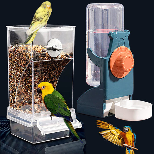 Kenond No Mess Bird Feeder Water Dispenser Set, Automatic Parrot Feeder Cage Accessories, Clear Parakeet Seed Container Food Drinker for Cage