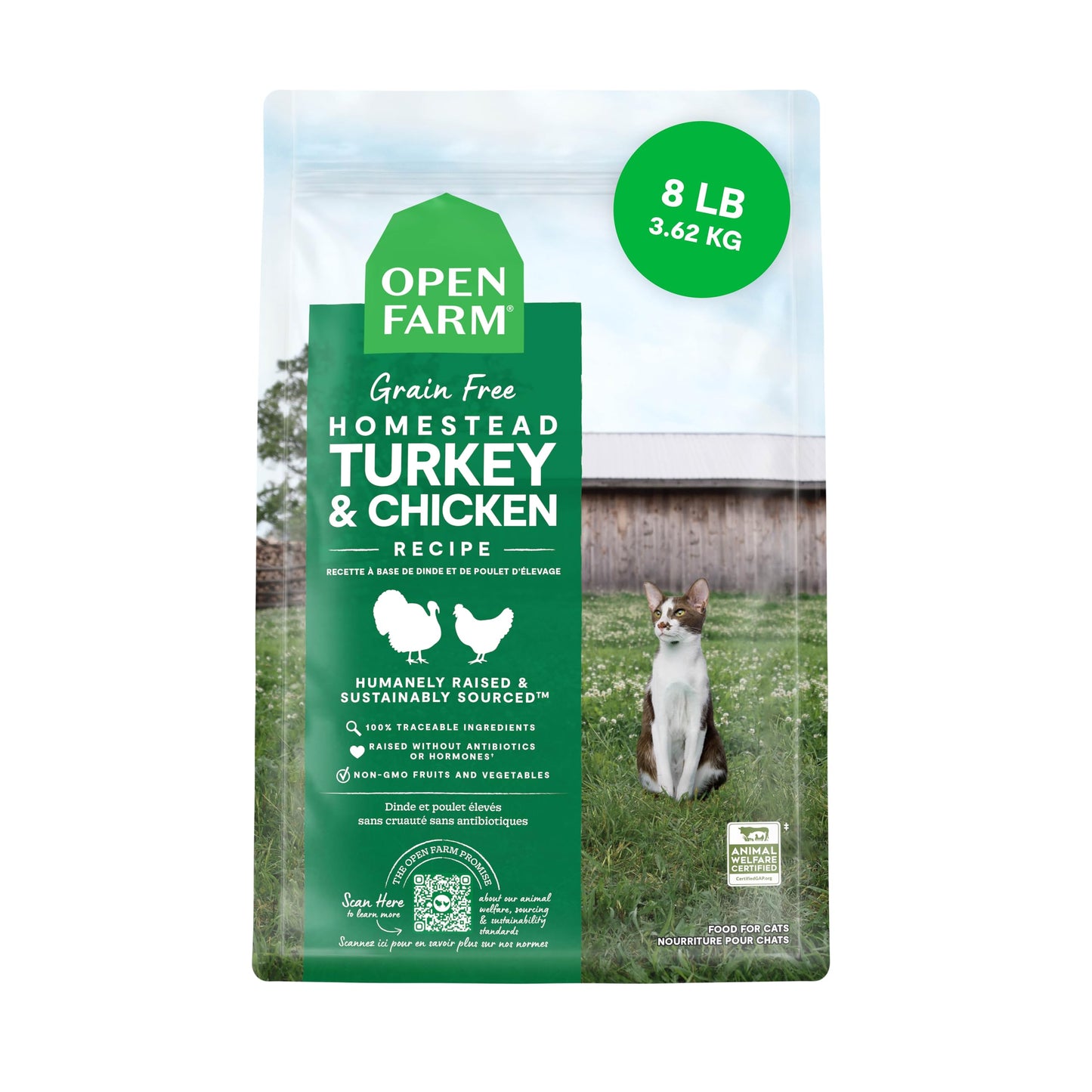Open Farm, Grain Free Dry Cat Food, High-Protein Kibble for a Complete & Balanced Diet, Non-GMO Fruits & Vegetables, Prebiotic Fibers to Support Digestion, Homestead Turkey & Chicken Recipe, 8lb Bag