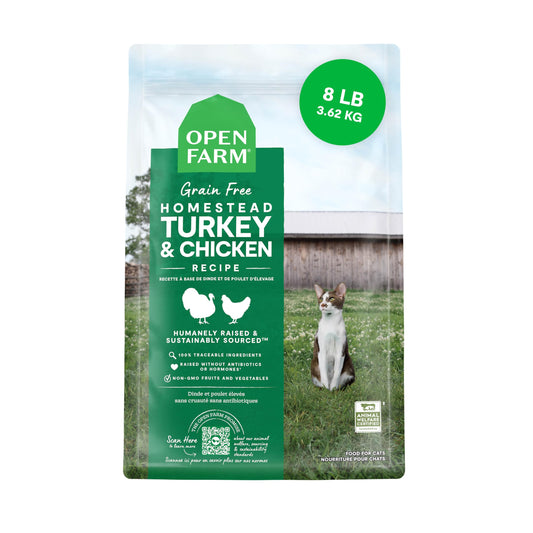 Open Farm, Grain Free Dry Cat Food, High-Protein Kibble for a Complete & Balanced Diet, Non-GMO Fruits & Vegetables, Prebiotic Fibers to Support Digestion, Homestead Turkey & Chicken Recipe, 8lb Bag