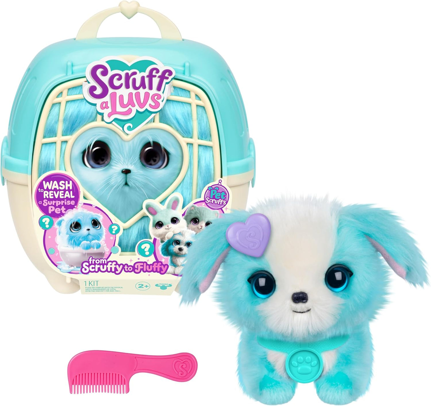 SCRUFFALUVS Blue Surprise Pet, Mystery Plush Toys, Stuffed Animals, Wash to Reveal 1 of 3 Rescue Pets: Puppy, Bunny, or Kitty - Includes 8.7" Deluxe Pet Carrier - Styles May Vary
