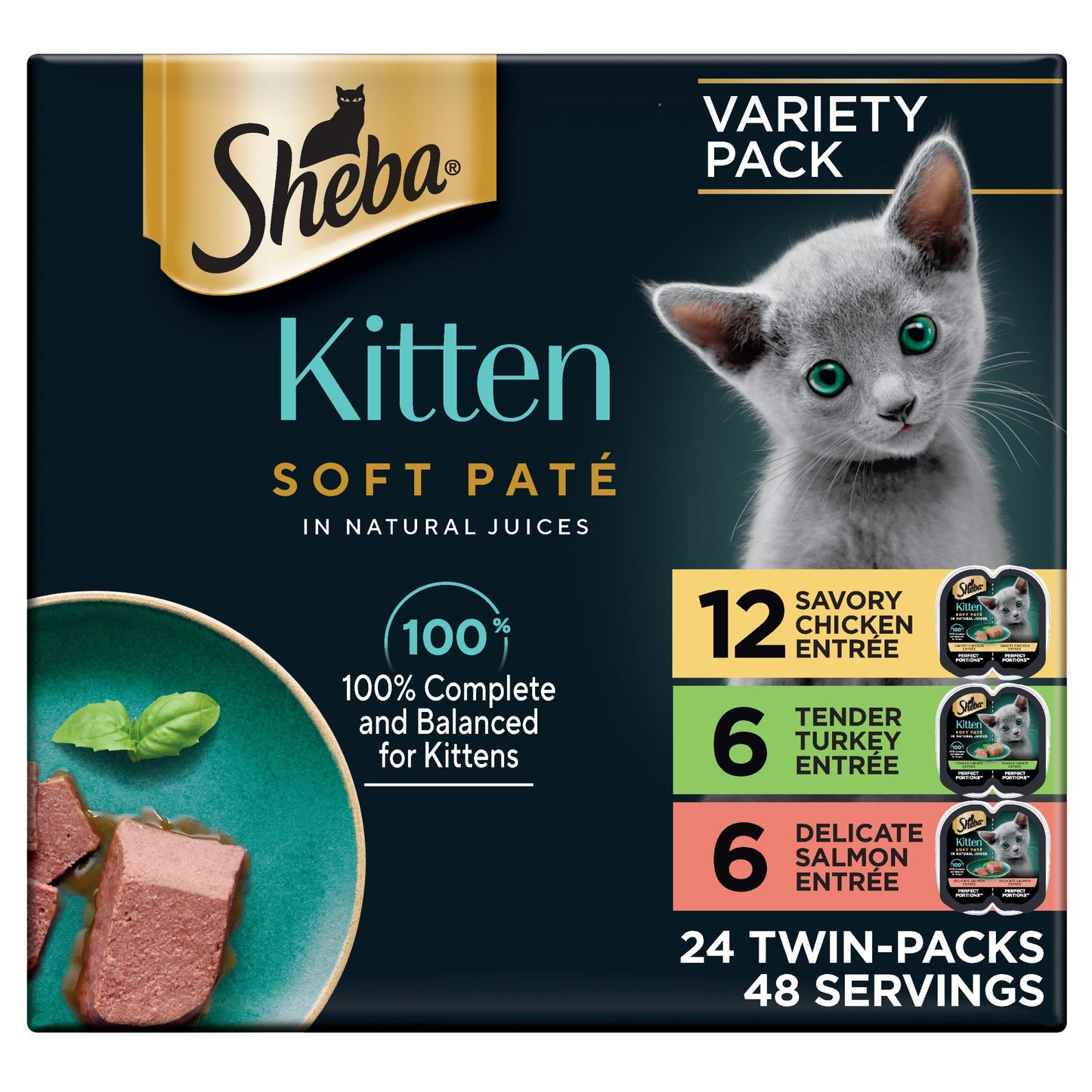 Sheba Perfect Portions Kitten Wet Cat Food Pate Chicken Entree, Salmon Entree, and Turkey Entree, 2.6 oz. Twin-Pack Trays (24 Count, 48 Servings)