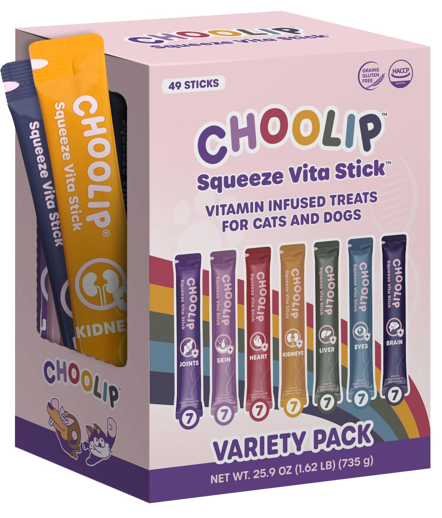 Choolip Squeeze Vita Stick Lickable Cat and Dog Treats – 49-Count Variety Pack – Real Meat Puree with Multivitamins for Total Pet Wellness – Grain-Free, High-Moisture, Vet-Formulated