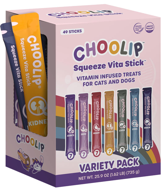Choolip Squeeze Vita Stick Lickable Cat and Dog Treats – 49-Count Variety Pack – Real Meat Puree with Multivitamins for Total Pet Wellness – Grain-Free, High-Moisture, Vet-Formulated