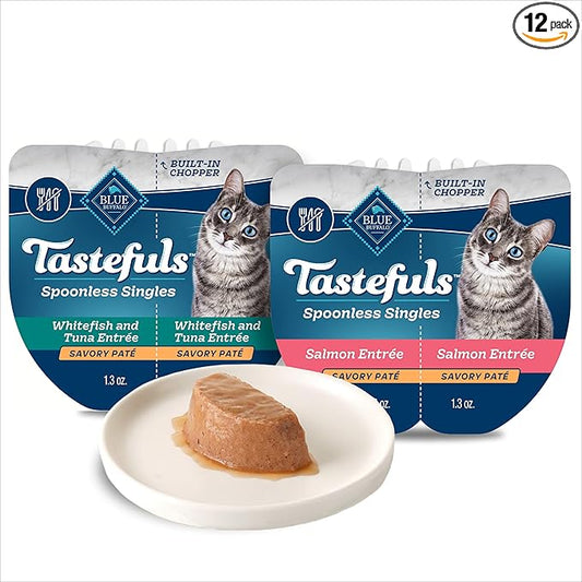 Blue Buffalo Tastefuls Spoonless Singles Variety Pack, Wet Cat Food Paté, 2.6-oz. Twin-Pack Trays, Whitefish/Tuna & Salmon Entreé (12 Count)