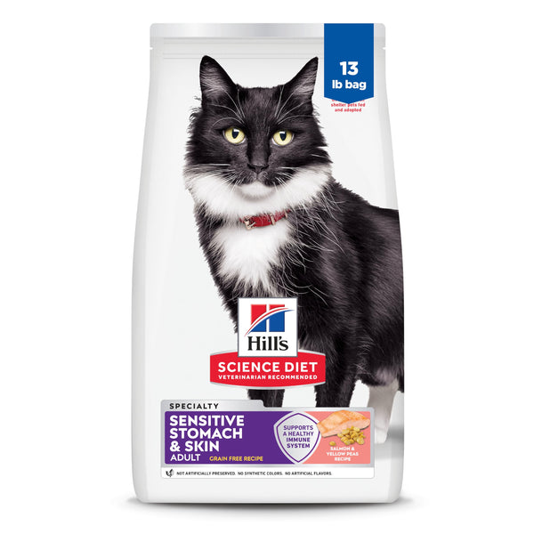 Hill's Science Diet Adult 1-6 Sensitive Stomach & Skin Dry Cat Food, Grain Free Salmon & Yellow Peas, 13 lb. Bag (Updated Formula)