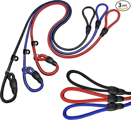 FOVRLZSE Upgraded Dog Slip Lead (3-Pack) Adjustable Nylon Lead for Dogs (Red/Black/Blue), Training Aid, Eco-Friendly Cotton Lining, Integrated