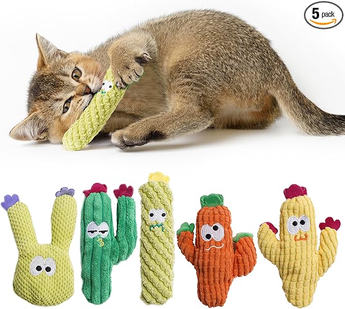 Pawsible Cat Toys for Indoor Cats, 100% Pure Organic Catnip-Filled Toys Without Cotton, Interactive Cactus Kitten Toy for Anxiety Relief, Soft Cute Teething &Chew Toys, 5 Pack