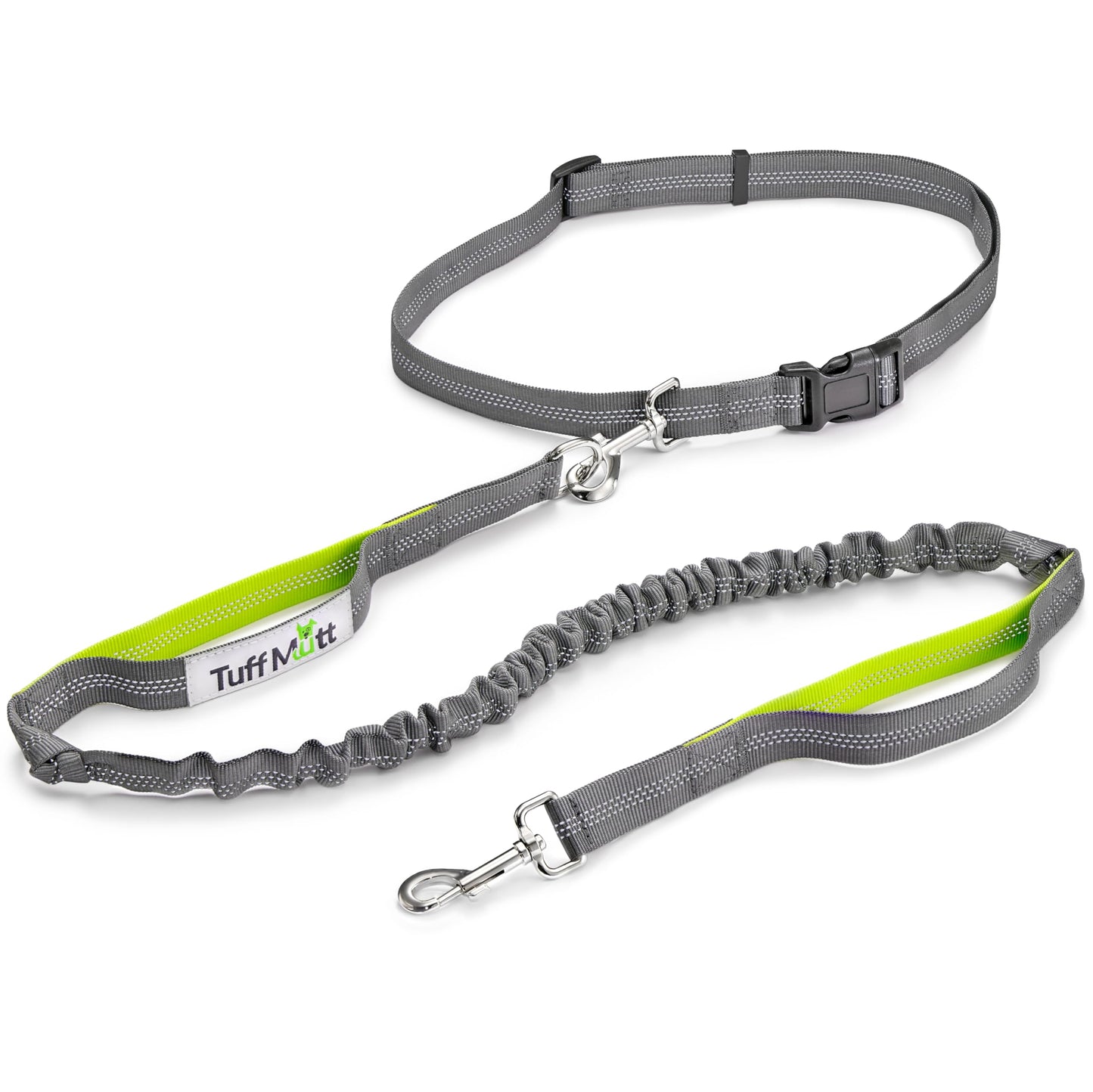Tuff Mutt Hands Free Dog Leash for Walking Running Hiking, Waist Leash with Bungee, Adjustable Belt, Reflective Double Handle Design for Large Medium