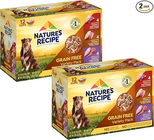 Nature's Recipe Grain Free Wet Dog Food Variety Pack, Chicken Recipes with Beef, Turkey & Lamb in Savory Broth, 2.75 oz. Cups (Pack of 12), 2 Count