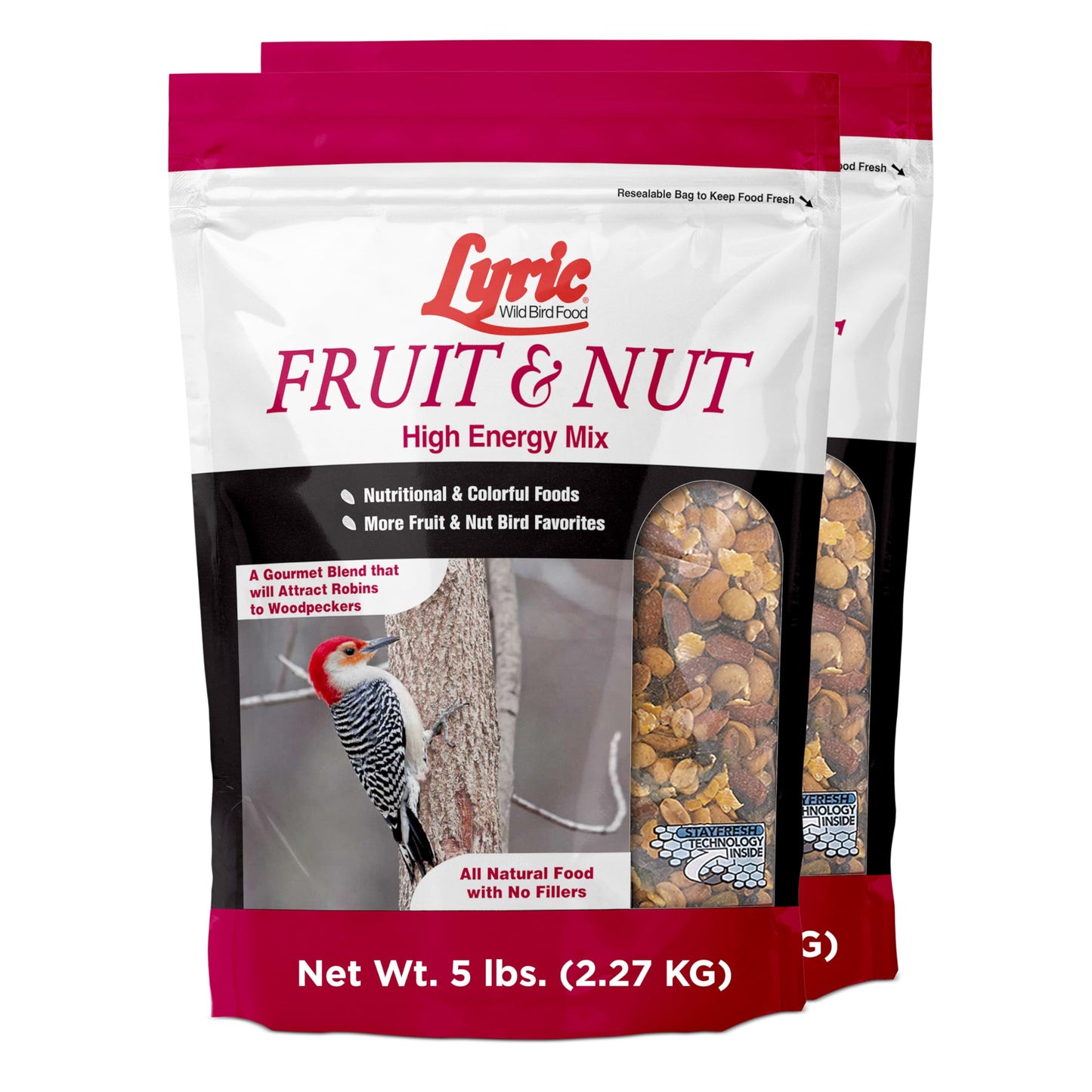 Lyric Fruit and Nut Wild Bird Seed - High Energy Wild Bird Food Mix - Attracts Woodpeckers, Chickadees & Other Songbirds - 10 lb. (pack of 2 - 5 lb bags)