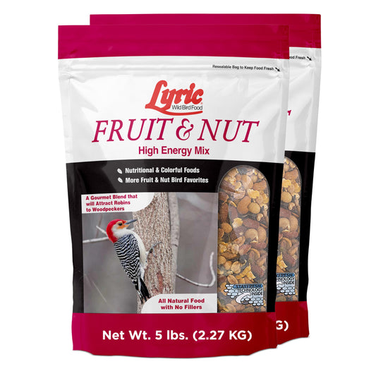 Lyric Fruit and Nut Wild Bird Seed - High Energy Wild Bird Food Mix - Attracts Woodpeckers, Chickadees & Other Songbirds - 10 lb. (pack of 2 - 5 lb bags)