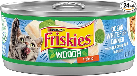 Purina Friskies Indoor Cat Food Flaked Ocean Whitefish Dinner With Garden Greens in Sauce - (Pack of 24) 5.5 oz. Cans