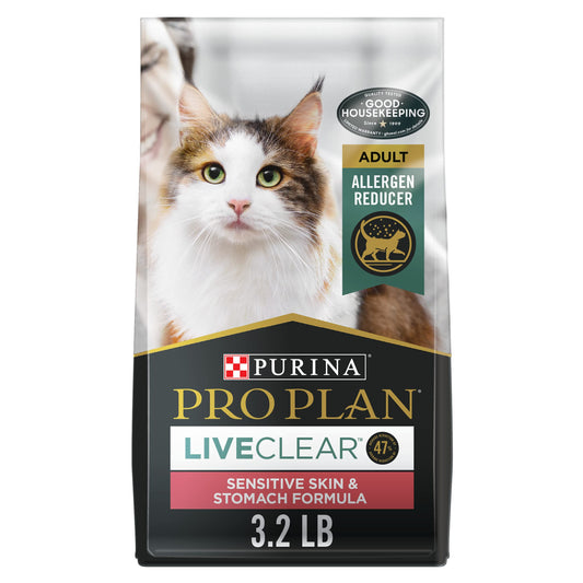 Purina Pro Plan Allergen Reducing, Sensitive Skin & Stomach, High Protein Cat Food, LIVECLEAR Turkey and Oatmeal Formula - 3.2 lb. Bag