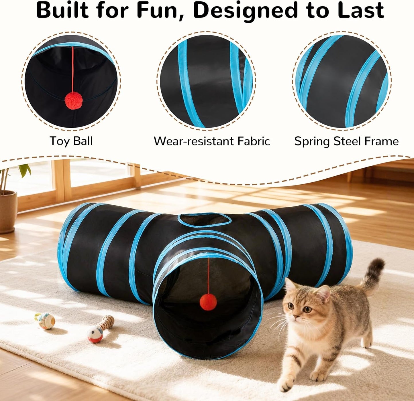 Tempcore Pet Cat Tunnel Tube Cat Toys 3 Way Collapsible, Tunnels for Indoor Cats，Kitty Bored Peek Hole Toy Ball Cat, Puppy, Kitty, Kitten, Rabbit