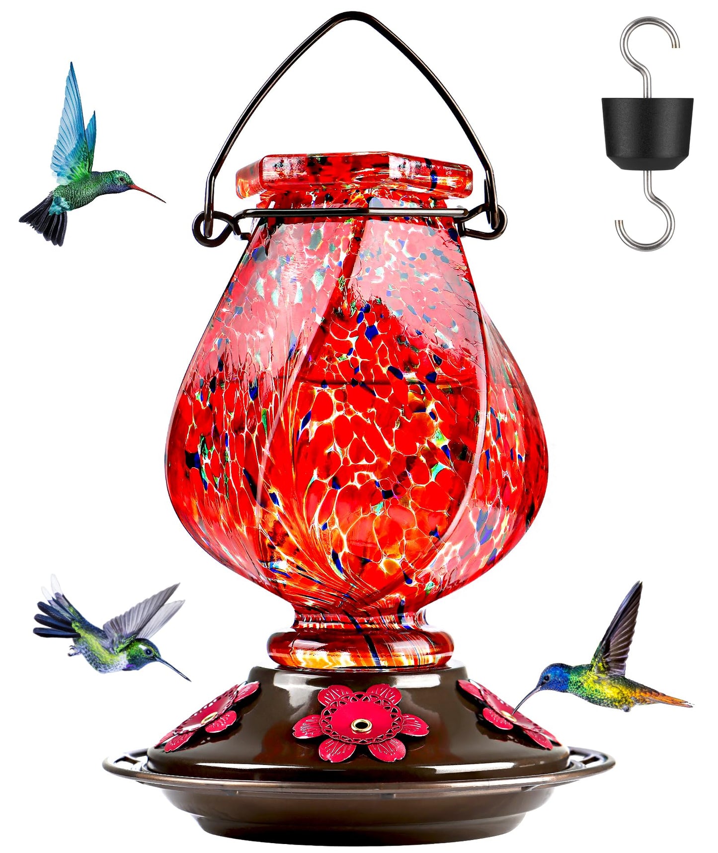 BOLITE Hummingbird Feeder, Hand Blown Glass Hummingbird Feeders for Outdoors Hanging with Ant Moat, 5 Bee-Proof Ports, Leak-Proof, 360° Perch, 22oz, Red, Gifts for Women Men, Gifts for Mom Dad