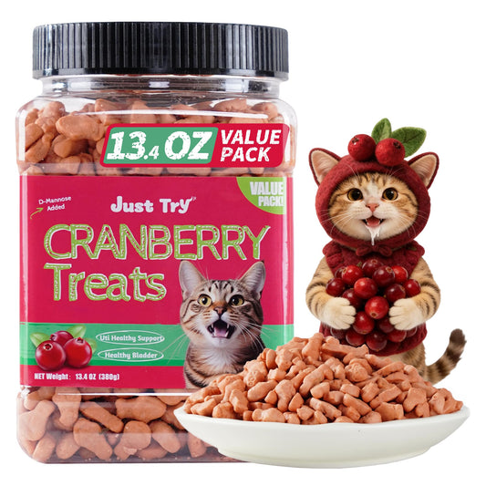Just Try 13.4 OZ Urinary Tract Health Cat Treats for Indoor Cats, Cranberry & D-Mannose for Kidney Bladder and UT Support, Health Cat Supplement Crunchy Chews