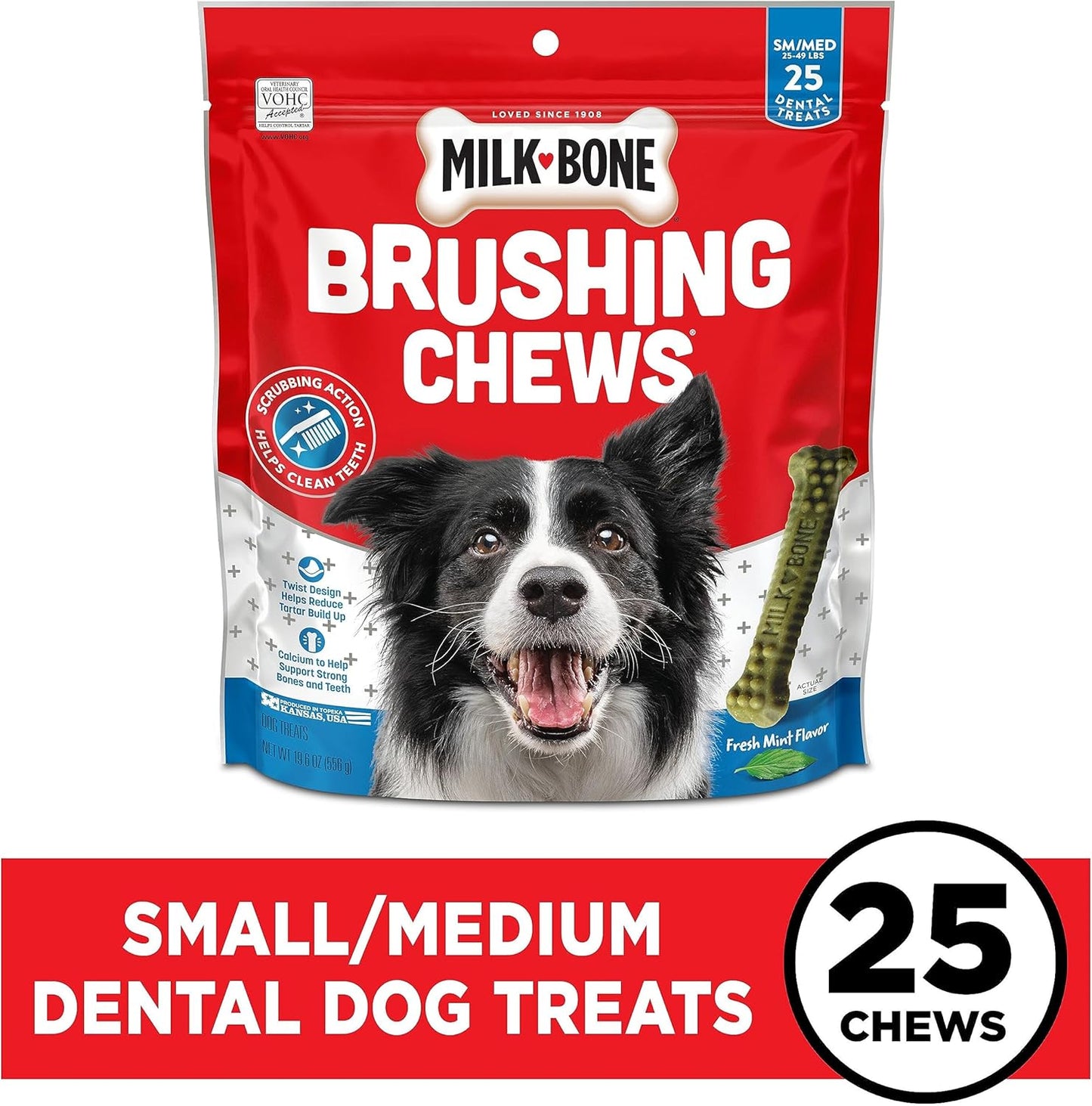 Milk-Bone Brushing Chews Daily Dental Dog Treats, Fresh Mint Flavor, Small/Medium, 25 Count