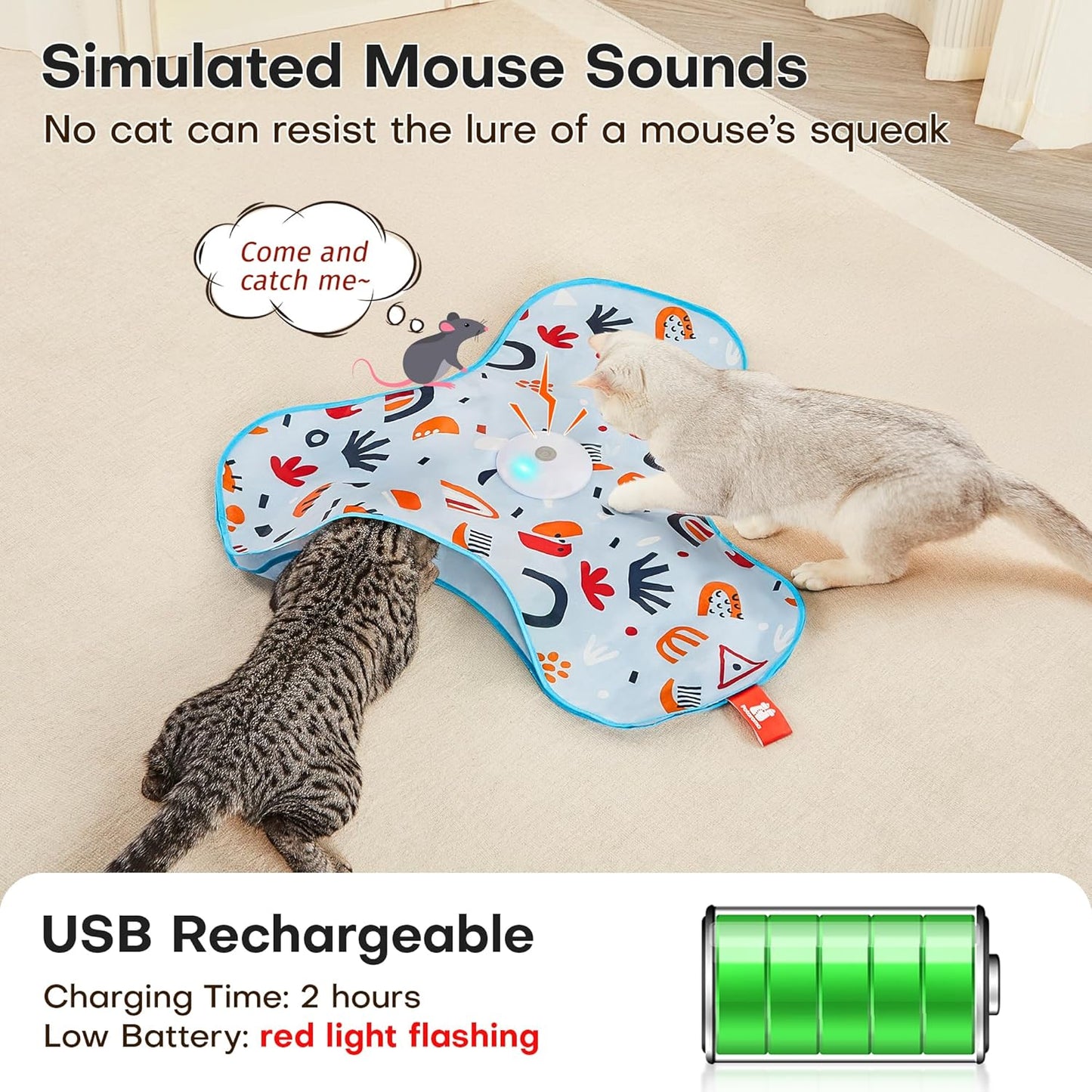 Potaroma Hide and Seek Interactive Cat Toys, Moving Concealed Wand Feather, Automatic Chargeable Indoor Kitten Exercise Kicker, Mouse Squeaky, Floral