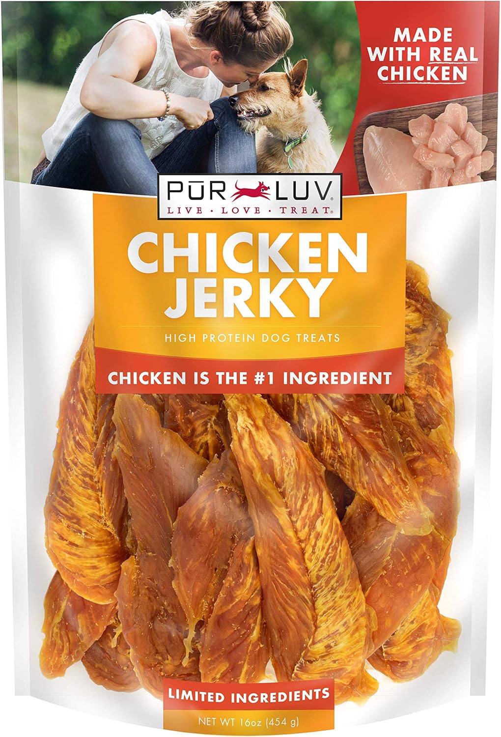 Pur Luv Chicken Jerky Dog Treats, Made with 100% Real Chicken Breast, 16 Ounces, Healthy, Easily Digestible, Long-Lasting, High Protein, Satisfies